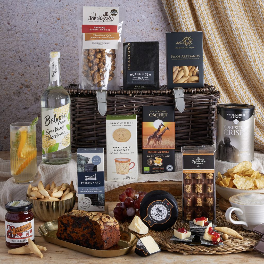 This image shows a corporate thank you hamper for clients - a hamper filled with artisanal food and drinks.